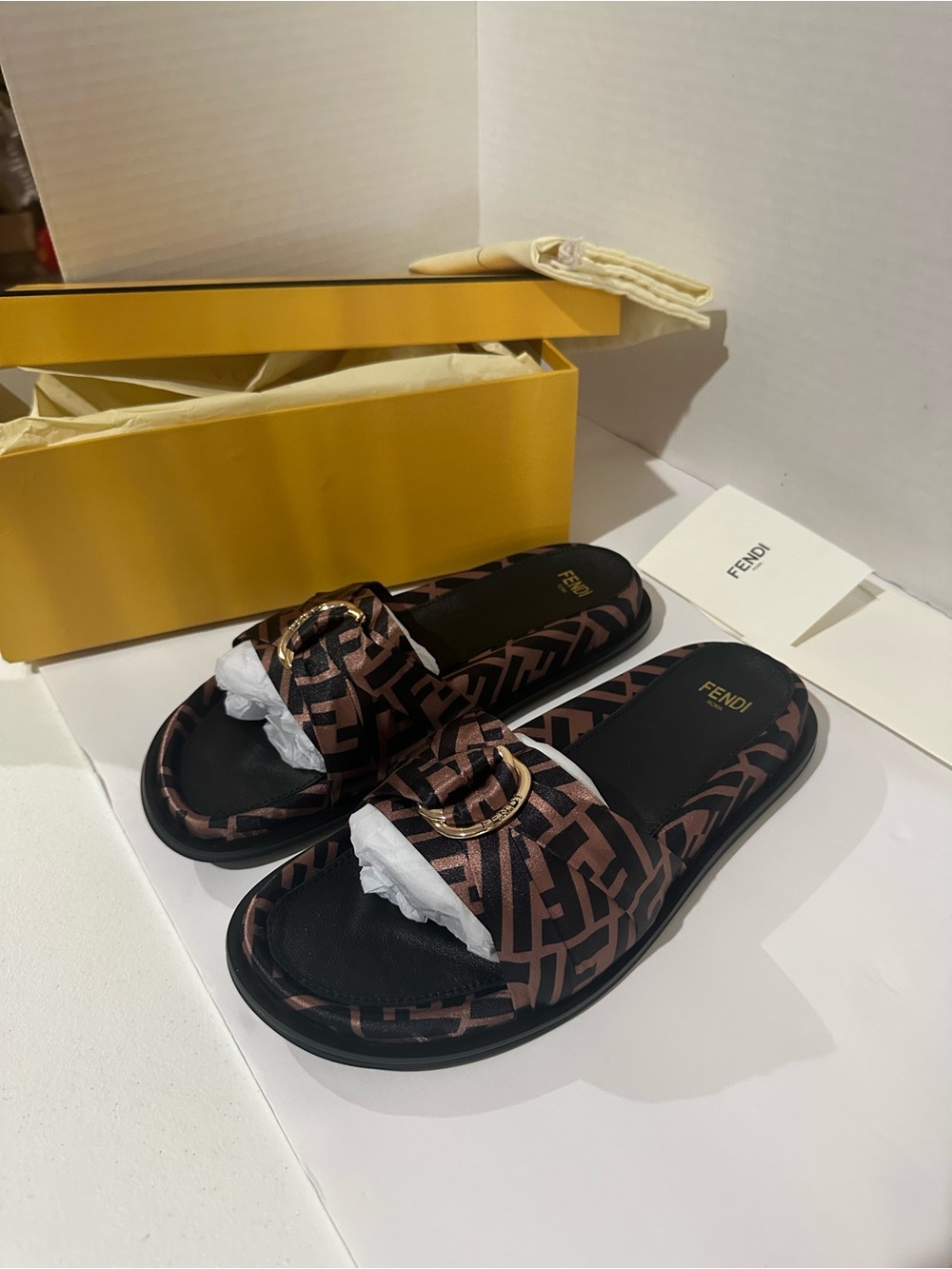 Fendi Brown & Black FF Logo Slide Sandals with Gold Buckle